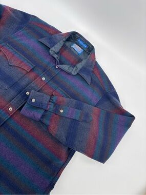 VTG Pendleton High Grade Western Wear Wool Shirt L Purple Teal Ombre Plaid USA